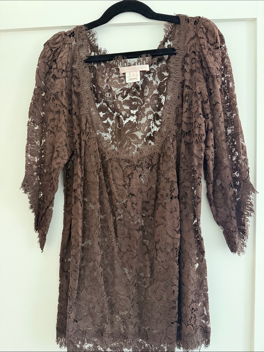 Rebecca Taylor Brown Lace Peasant Blouse